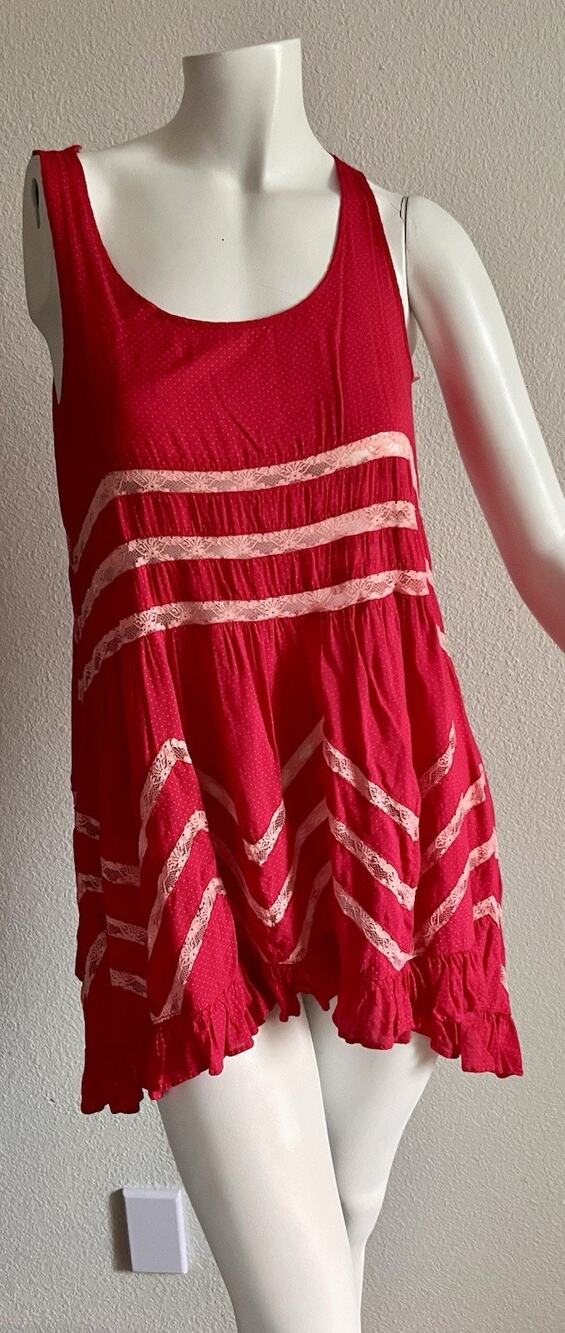 Intimately Free People Voile & Lace Trapeze Slip Tunic Dress Small Coral Pink
